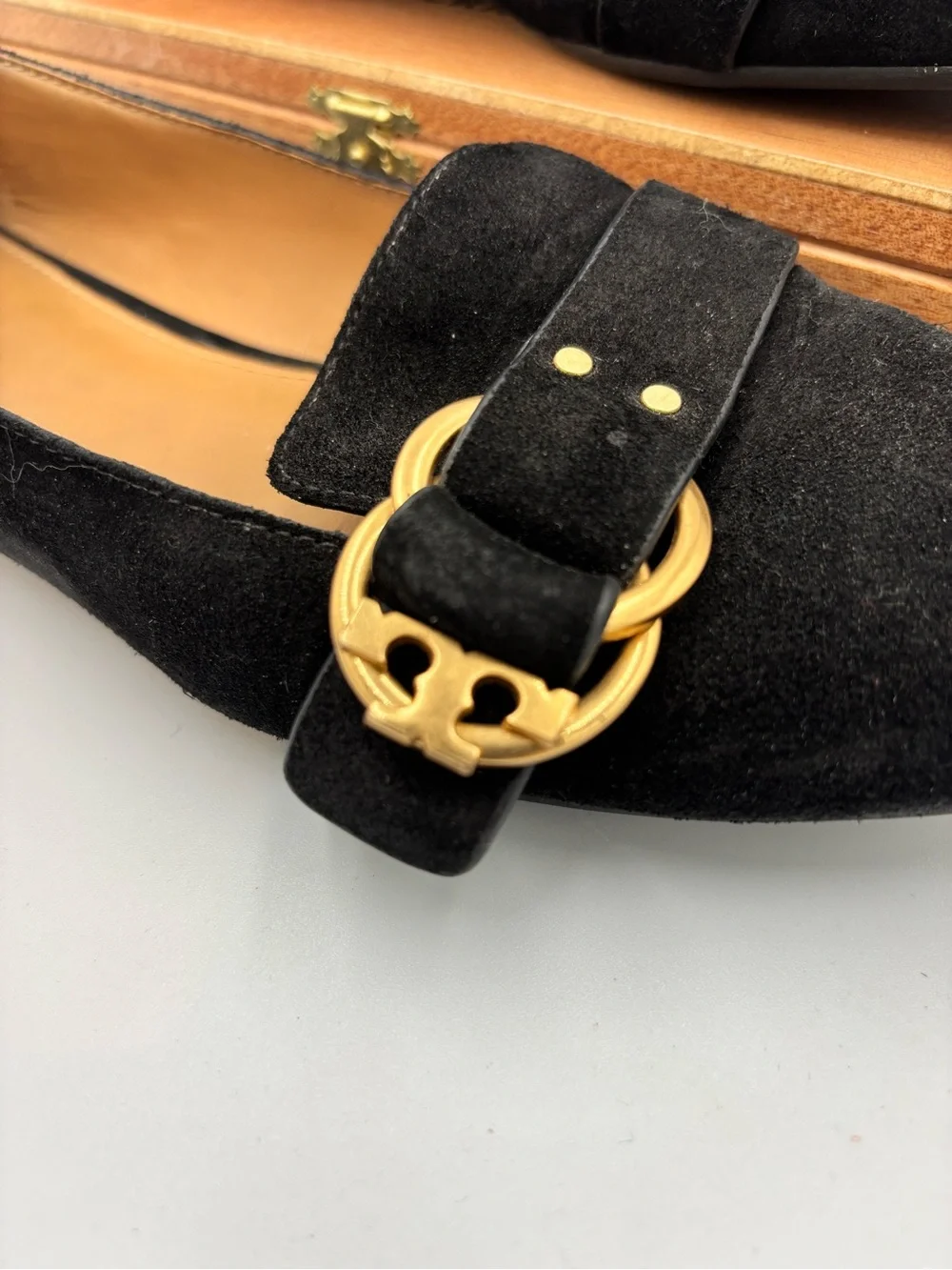 Tory Burch Marsden Suede Smoking Loafer Perfect Black Gold Buckle Flats Sz 9.5